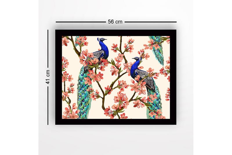 Kehystetty puucanvas - 41x56 cm - Riikinkukkoja kukkien oksien keskellä - Sininen / Vaaleanpunainen / Vihreä - Sisustustuotteet - Taulu & taide