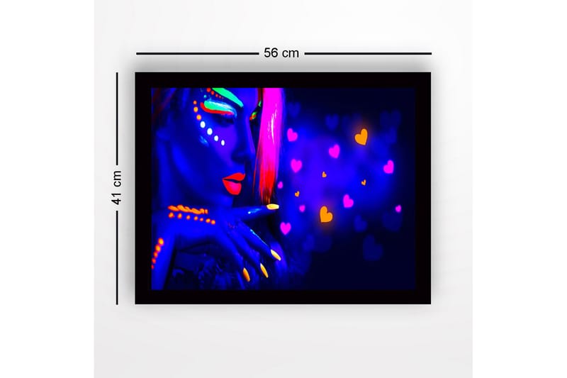 Kehystetty puucanvas - 41x56 cm - Neonvärinen muotokuva naisesta, jolla on voimakkaita kasvomaalauksia - Sininen / Neonoranssi / Vaaleanpunainen - Sisustustuotteet - Taulu & taide