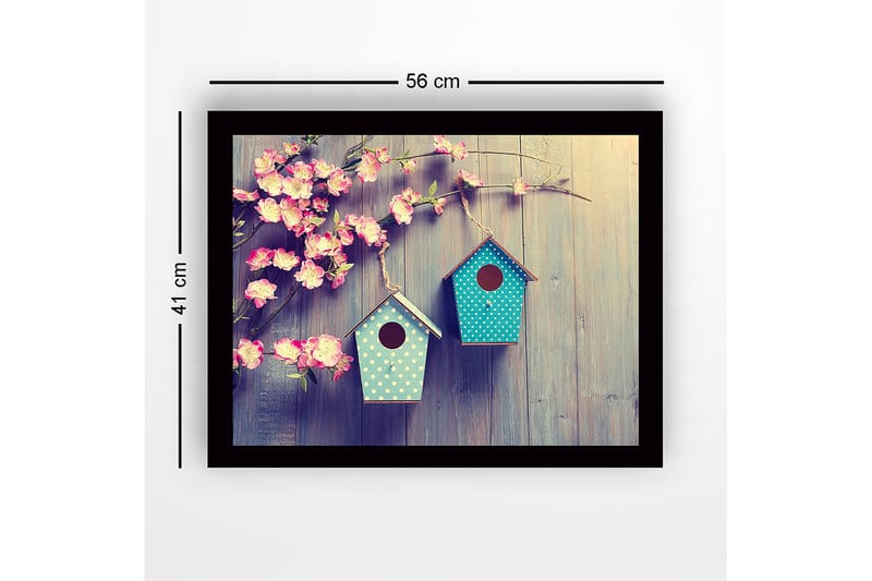 Kehystetty puutaulu canvasille - 41x56 cm - Värikkäät linnunpöntöt kukkien keskellä - Vaaleanpunainen / Turkoosi - Sisustustuotteet - Taulu & taide