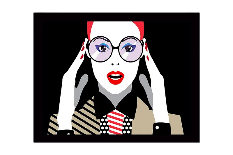 Kehystetty puinen canvas-taulu - 41x56 cm - Muotokuva naisesta, jolla on suuret silmälasit ja punainen huulipuna, Punainen / Musta / Valkoinen