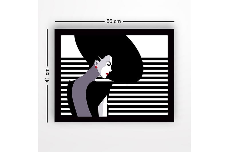 Kehystetty puutaulu canvasille - 41x56 cm - Tyylitelty pitkätukkainen nainen profiilissa - Musta / Valkoinen / Punainen - Sisustustuotteet - Taulu & taide