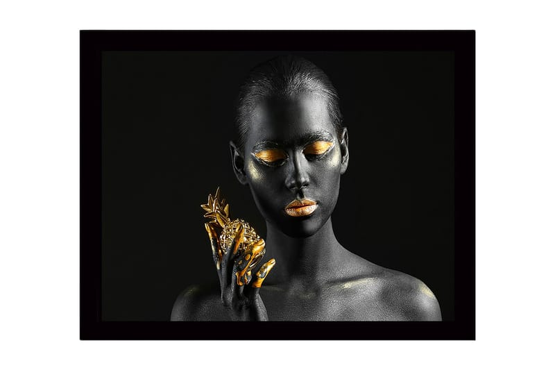 Kehystetty puutaulu - 41x56 cm - Muotokuva mustaihoisesta ja kultaisilla yksityiskohdilla varustetusta naisesta, joka pitelee ananasta, Musta / Kulta