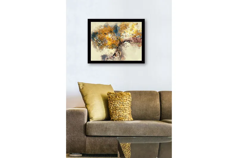 Kehystetty puutaulu canvasille - 41x56 cm - Suuri puu kultaisilla lehdillä - Kulta / Sininen / Ruskea - Sisustustuotteet - Taulu & taide