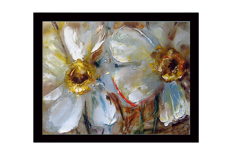 Kehystetty puutaulu canvasille - 41x56 cm - Valkoisia kukkia kultaisilla keskiosilla, Valkoinen / Kulta / Vihreä