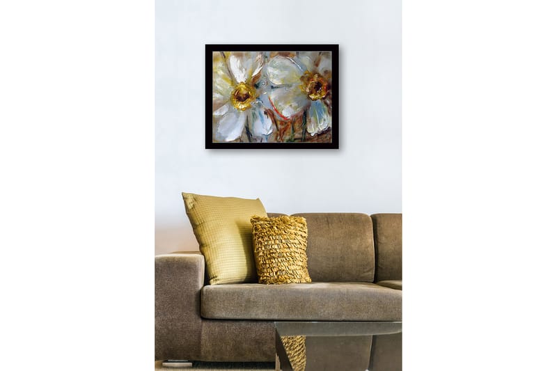Kehystetty puutaulu canvasille - 41x56 cm - Valkoisia kukkia kultaisilla keskiosilla - Valkoinen / Kulta / Vihreä - Sisustustuotteet - Taulu & taide