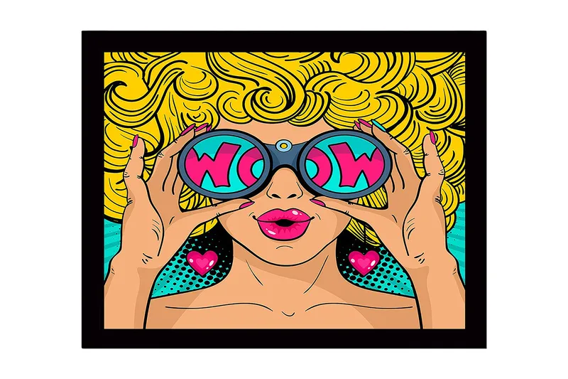 Kehystetty puutaulu canvasille - 41x56 cm - Lumoava nainen suurissa aurinkolaseissa ja kiharissa vaaleissa hiuksissa, Keltainen / Vaaleanpunainen / Turkoosi