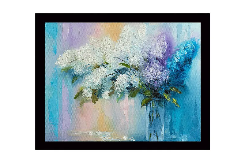 Kehystetty puutaulu canvasille - 41x56 cm - Värikäs syreenikimppu lasimaljakossa, Valkoinen / Violetti / Turkoosi