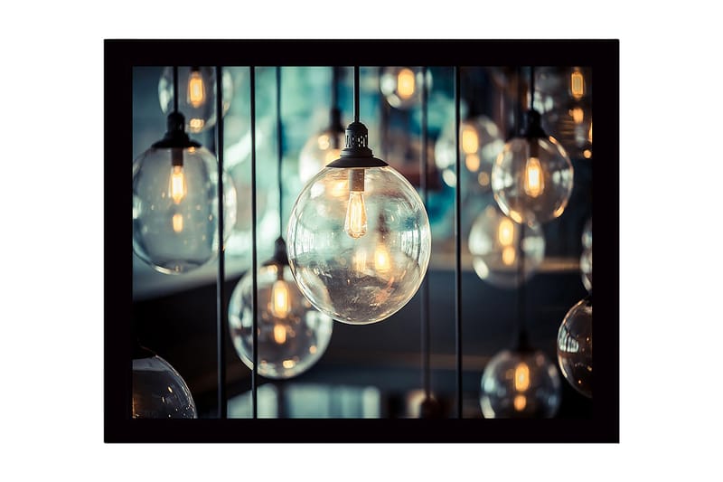 Kehystetty puukangas - 41x56 cm - Riippuvat lasikuvut valonlähteillä, Kirkas / Kulta / Musta