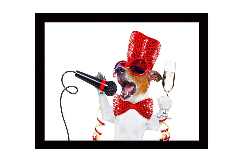 Kehystetty puutaulu canvasille - 41x56 cm - Juhlava koira mikrofonin ja samppanjalasin kanssa, Punainen / Musta / Valkoinen