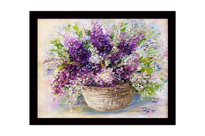 Kehystetty puutaulu canvasille - 41x56 cm - Värikäs liljakimppu korissa, Violetti / Vihreä / Valkoinen