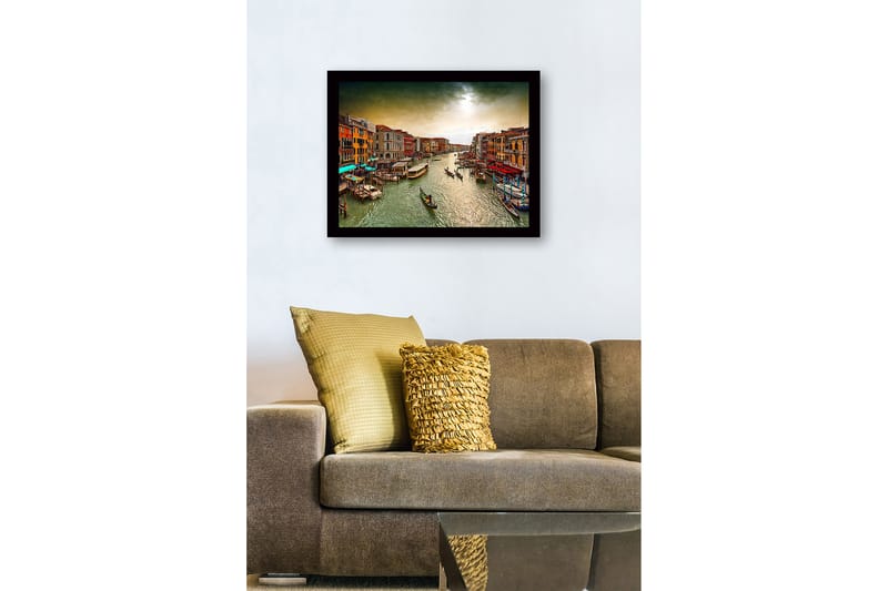 Kehystetty puinen canvas-taulu - 41x56 cm - Kaunis näkymä Venetsian kanavalle värikkäine rakennuksineen ja gondoleineen - Vihreä / Oranssi / Sininen - Sisustustuotteet - Taulu & taide
