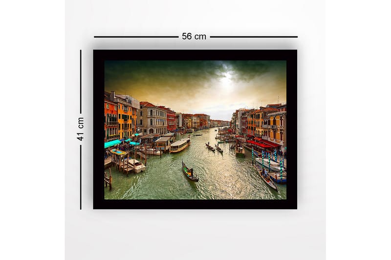 Kehystetty puinen canvas-taulu - 41x56 cm - Kaunis näkymä Venetsian kanavalle värikkäine rakennuksineen ja gondoleineen - Vihreä / Oranssi / Sininen - Sisustustuotteet - Taulu & taide