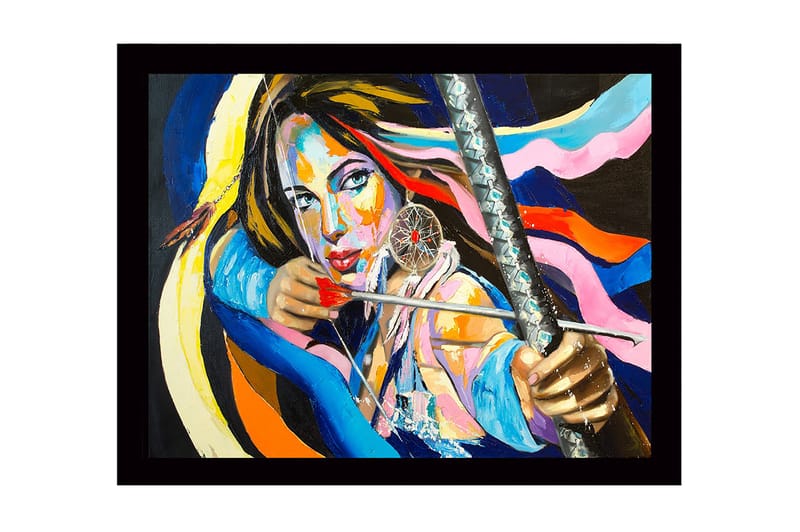 Kehystetty puutaulu canvasille - 41x56 cm - Vahva muotokuva naisesta jousi ja nuoli sekä unisieppari kädessä, Sininen / Vaaleanpunainen / Oranssi
