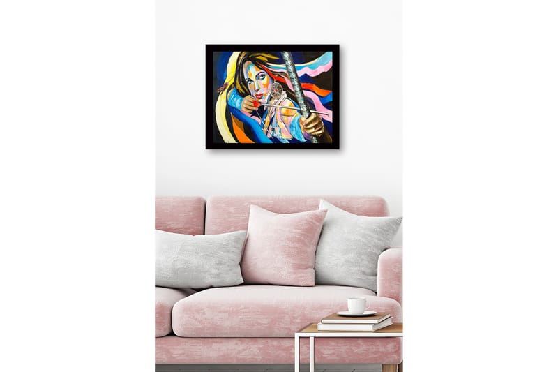 Kehystetty puutaulu canvasille - 41x56 cm - Vahva muotokuva naisesta jousi ja nuoli sekä unisieppari kädessä - Sininen / Vaaleanpunainen / Oranssi - Sisustustuotteet - Taulu & taide