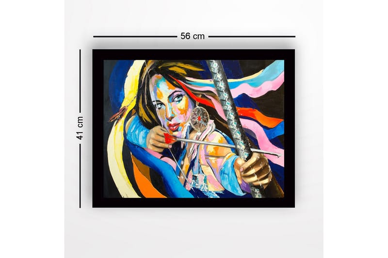 Kehystetty puutaulu canvasille - 41x56 cm - Vahva muotokuva naisesta jousi ja nuoli sekä unisieppari kädessä - Sininen / Vaaleanpunainen / Oranssi - Sisustustuotteet - Taulu & taide