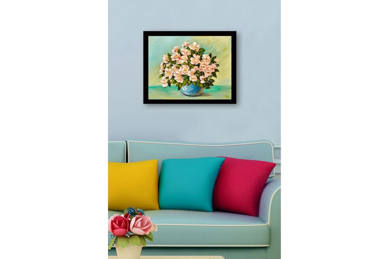 Kehystetty puutaulu canvasille - 41x56 cm - Värikäs kukkakimppu sinisessä maljakossa - Vaaleanpunainen / Vihreä / Sininen - Sisustustuotteet - Taulu & taide