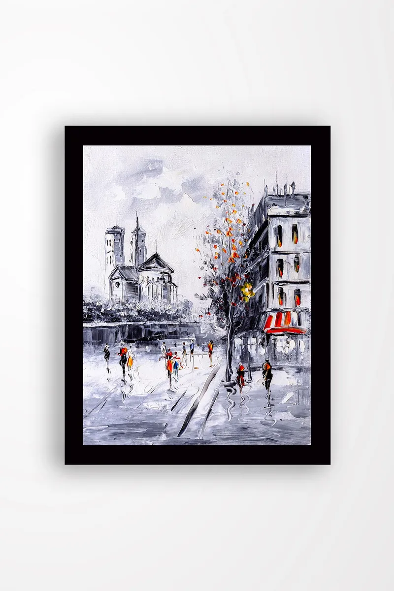 Kehystetty puucanvas - 41x56 cm - Vilkas kaupunkikuva ja ihmisiä kävelemässä syksyisessä ympäristössä - Harmaa / Oranssi / Punainen - Sisustustuotteet - Taulu & taide