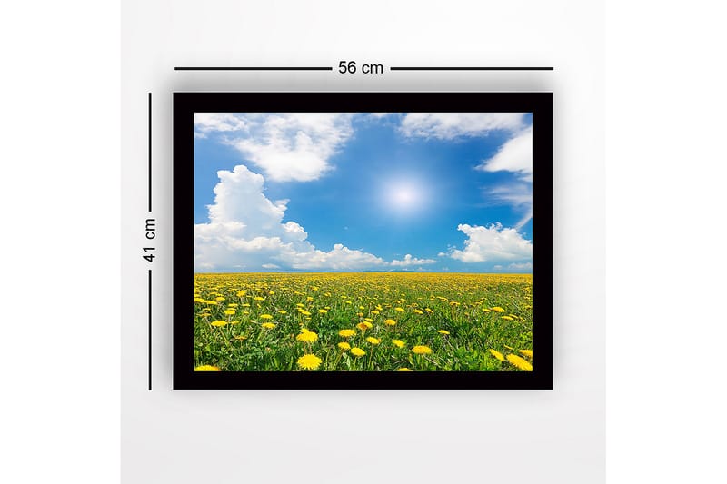 Kehystetty puinen canvas-taulu - 41x56 cm - Kukkiva voikukkapelto kirkkaan sinisen taivaan alla - Keltainen / Vihreä / Sininen - Sisustustuotteet - Taulu & taide