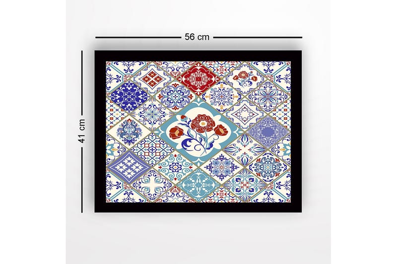 Kehystetty puupohjainen canvas - 41x56 cm - Kuviollinen laattasommitelma kukka-aiheilla ja geometrisilla muodoilla - Sininen / Punainen / Valkoinen - Sisustustuotteet - Taulu & taide