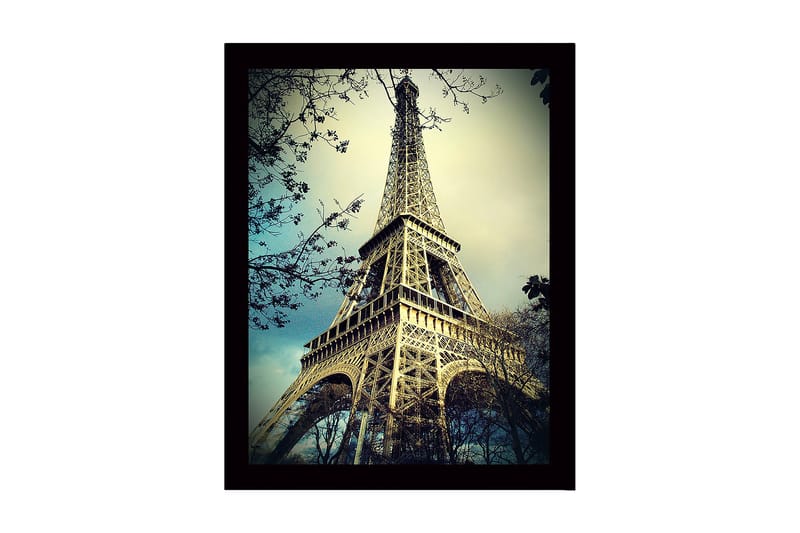 Kehystetty puukangas - 41x56 cm - Eiffel-torni majesteettisessa kulmassa, Beige / Sininen / Vihreä