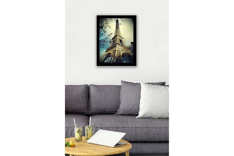 Kehystetty puukangas - 41x56 cm - Eiffel-torni majesteettisessa kulmassa - Beige / Sininen / Vihreä - Sisustustuotteet - Taulu & taide