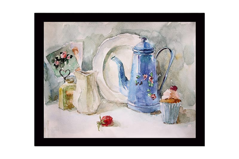 Kehystetty puutaulu canvasille - 41x56 cm - Kaunis kattaus sinisellä kannulla ja leivonnaisilla, Sininen / Valkoinen / Vihreä