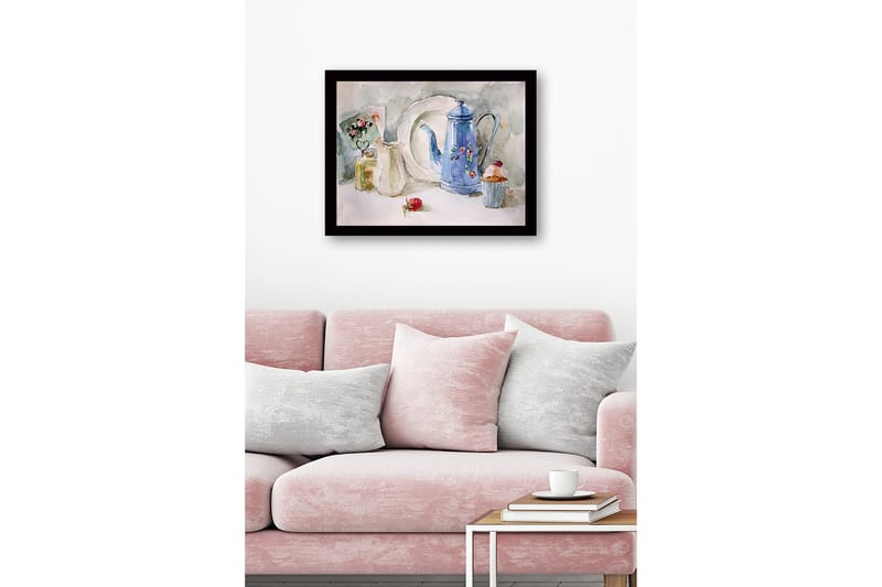 Kehystetty puutaulu canvasille - 41x56 cm - Kaunis kattaus sinisellä kannulla ja leivonnaisilla - Sininen / Valkoinen / Vihreä - Sisustustuotteet - Taulu & taide