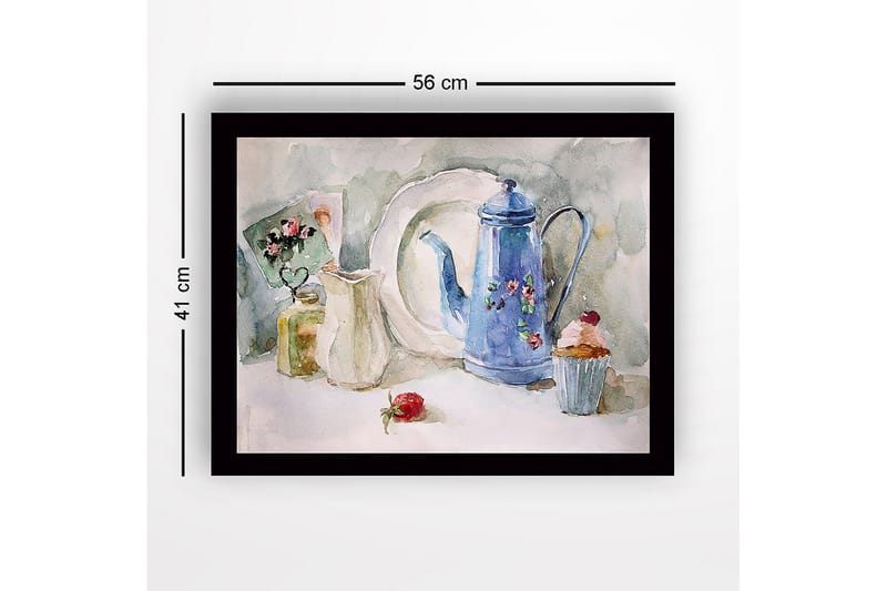 Kehystetty puutaulu canvasille - 41x56 cm - Kaunis kattaus sinisellä kannulla ja leivonnaisilla - Sininen / Valkoinen / Vihreä - Sisustustuotteet - Taulu & taide