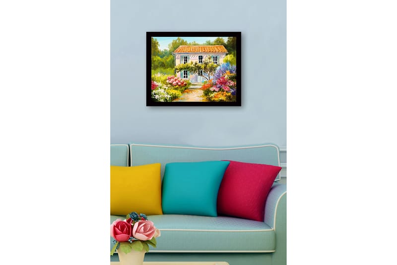 Kehystetty puutaulu canvas-taululla - 41x56 cm - Kaunis huvila kukkivan puutarhan ympäröimänä - Vihreä / Vaaleanpunainen / Keltainen - Sisustustuotteet - Taulu & taide