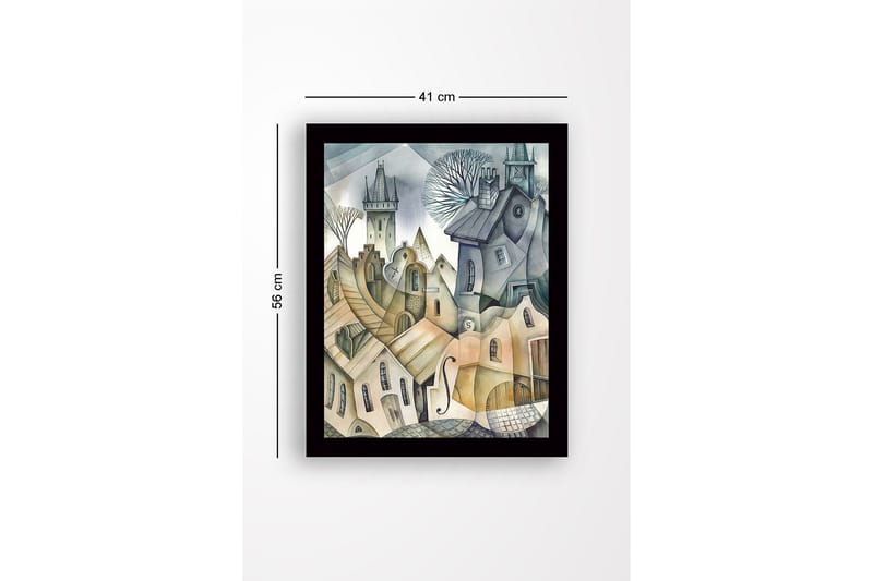 Kehystetty puucanvas - 41x56 cm - Abstrakti kaupunkikuva aaltoilevilla taloilla ja torneilla - Harmaa / Beige / Vaaleansininen - Sisustustuotteet - Taulu & taide