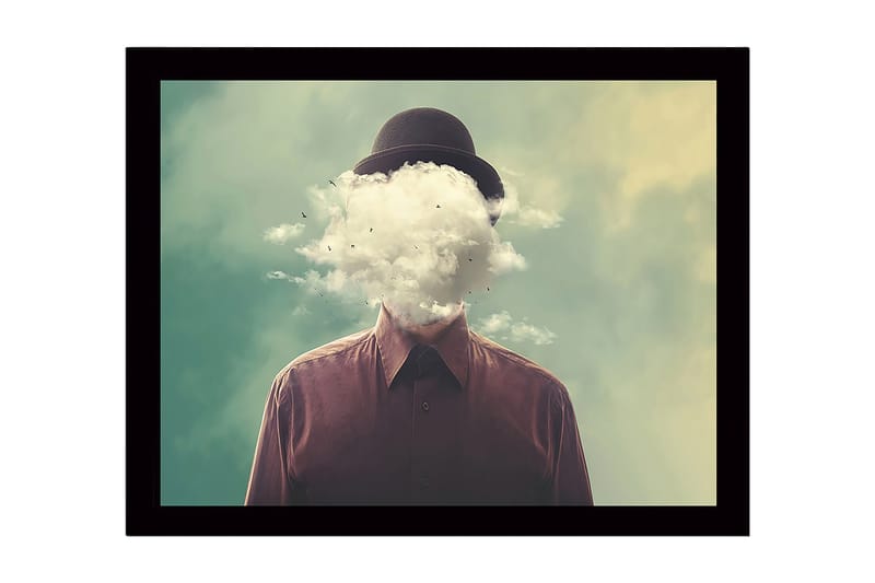 Kehystetty puutaulu canvasille - 41x56 cm - Mies, jonka pilvinen pää leijuu unenomaisen taustan yllä, Vihreä / Ruskea / Valkoinen