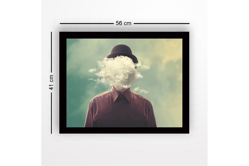 Kehystetty puutaulu canvasille - 41x56 cm - Mies, jonka pilvinen pää leijuu unenomaisen taustan yllä - Vihreä / Ruskea / Valkoinen - Sisustustuotteet - Taulu & taide