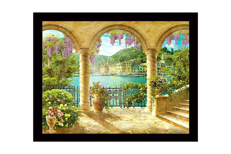 Kehystetty puutaulu canvasille - 41x56 cm - Kaunis näkymä holvikaaren läpi, kukkia ja merta taustalla, Violetti / Vihreä / Kulta