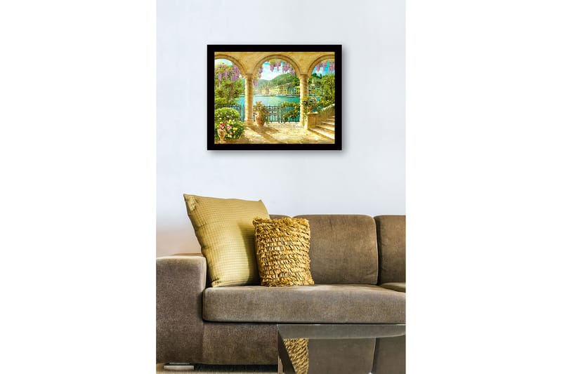 Kehystetty puutaulu canvasille - 41x56 cm - Kaunis näkymä holvikaaren läpi, kukkia ja merta taustalla - Violetti / Vihreä / Kulta - Sisustustuotteet - Taulu & taide