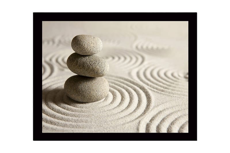 Kehystetty puutaulu canvasille - 41x56 cm - Kivikasa hiekalla pyöreillä kuvioilla, Harmaa / Beige