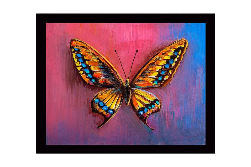 Kehystetty puutaulu canvasille - 41x56 cm - Värikäs perhonen yksityiskohtaisilla siivillä, Oranssi / Sininen / Vaaleanpunainen