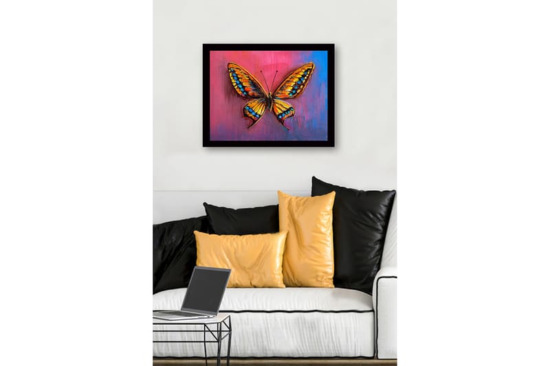 Kehystetty puutaulu canvasille - 41x56 cm - Värikäs perhonen yksityiskohtaisilla siivillä - Oranssi / Sininen / Vaaleanpunainen - Sisustustuotteet - Taulu & taide