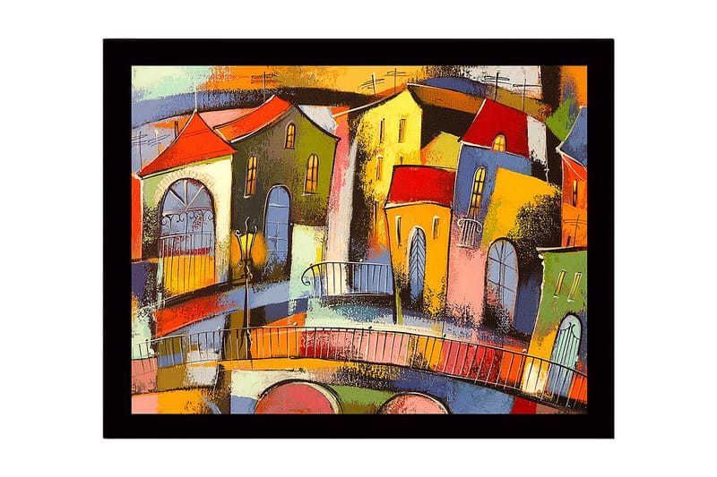 Kehystetty puucanvas - 41x56 cm - Värikäs kaupunkikuva vinoine taloineen ja siltoineen, Punainen / Vihreä / Keltainen