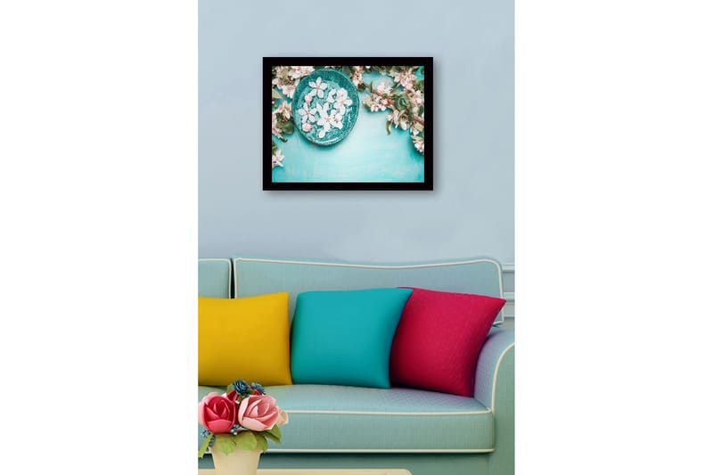 Kehystetty puutaulu canvasille - 41x56 cm - Kulho kukilla turkoosilla pohjalla - Turkoosi / Valkoinen / Vihreä - Sisustustuotteet - Taulu & taide