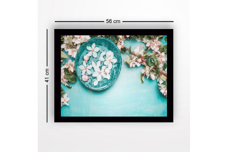 Kehystetty puutaulu canvasille - 41x56 cm - Kulho kukilla turkoosilla pohjalla - Turkoosi / Valkoinen / Vihreä - Sisustustuotteet - Taulu & taide
