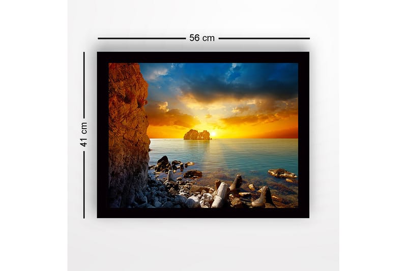 Kehystetty puutaulu canvasille - 41x56 cm - Auringonlasku meren yllä kalliomuodostelmien edessä - Oranssi / Sininen / Harmaa - Sisustustuotteet - Taulu & taide