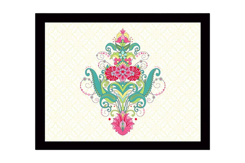 Kehystetty puutaulu canvasille - 41x56 cm - Värikäs kukkakuosi spiraaleilla ja koristeellisilla yksityiskohdilla - Vihreä / Vaaleanpunainen / Turkoosi - Sisustustuotteet - Taulu & taide
