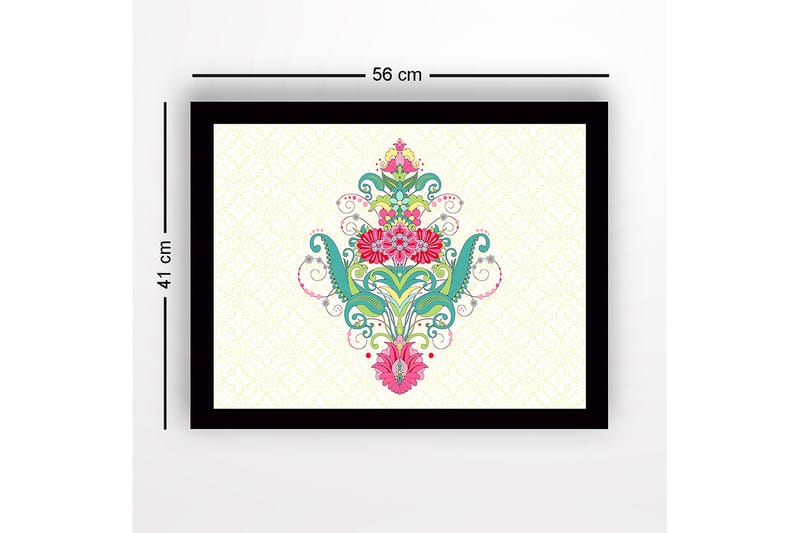 Kehystetty puutaulu canvasille - 41x56 cm - Värikäs kukkakuosi spiraaleilla ja koristeellisilla yksityiskohdilla - Vihreä / Vaaleanpunainen / Turkoosi - Sisustustuotteet - Taulu & taide