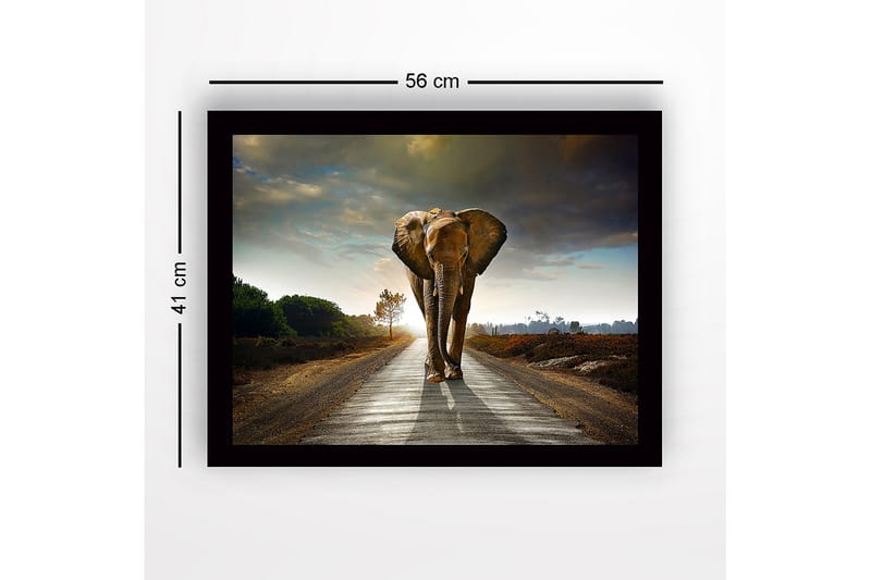 Kehystetty puucanvas - 41x56 cm - Upea norsu kävelee tietä pitkin dramaattisessa maisemassa - Harmaa / Ruskea / Vihreä - Sisustustuotteet - Taulu & taide