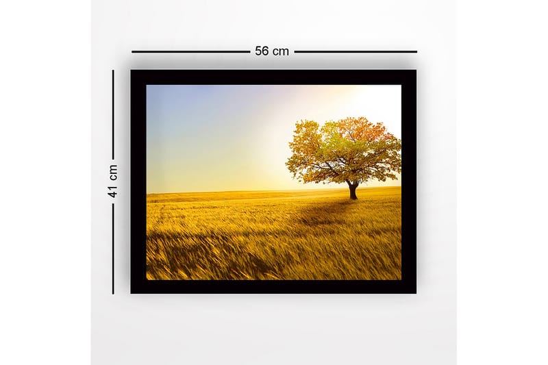 Kehystetty puinen canvas-taulu - 41x56 cm - Yksinäinen syyspuu kultaisessa pellossa - Kulta / Vihreä / Oranssi - Sisustustuotteet - Taulu & taide