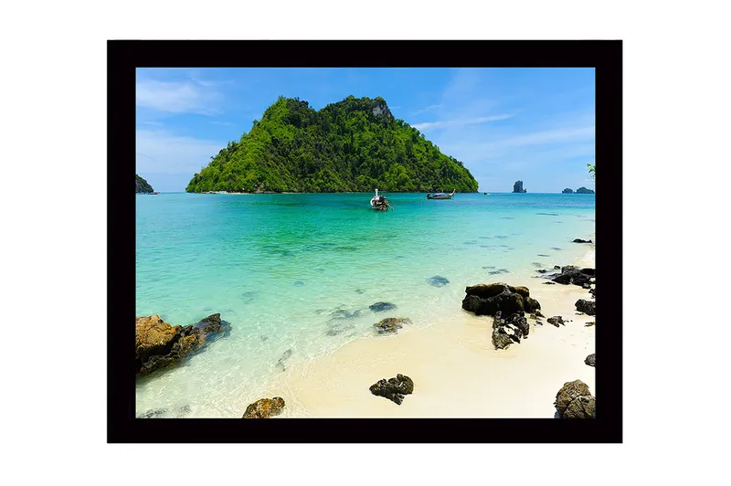 Kehystetty puutaulu canvas-taululla - 41x56 cm - Trooppinen ranta kirkkaan sinisellä vedellä ja rehevillä saarilla, Turkoosi / Vihreä / Beige