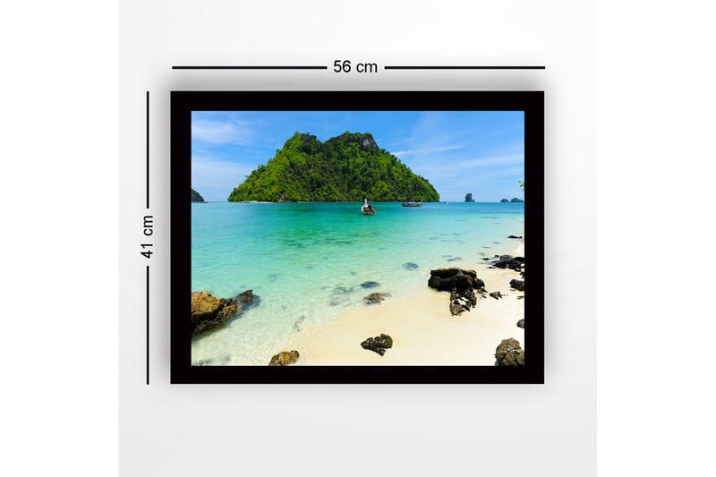 Kehystetty puutaulu canvas-taululla - 41x56 cm - Trooppinen ranta kirkkaan sinisellä vedellä ja rehevillä saarilla - Turkoosi / Vihreä / Beige - Sisustustuotteet - Taulu & taide