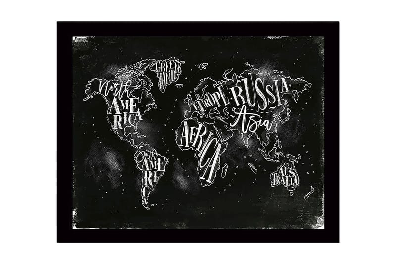 Kehystetty puutaulu canvasille - 41x56 cm - Maailmankartta käsinkirjoitetuilla mantereiden ja maiden nimillä - Musta / Valkoinen - Sisustustuotteet - Taulu & taide