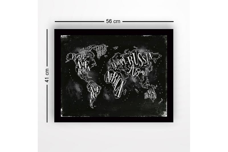 Kehystetty puutaulu canvasille - 41x56 cm - Maailmankartta käsinkirjoitetuilla mantereiden ja maiden nimillä - Musta / Valkoinen - Sisustustuotteet - Taulu & taide