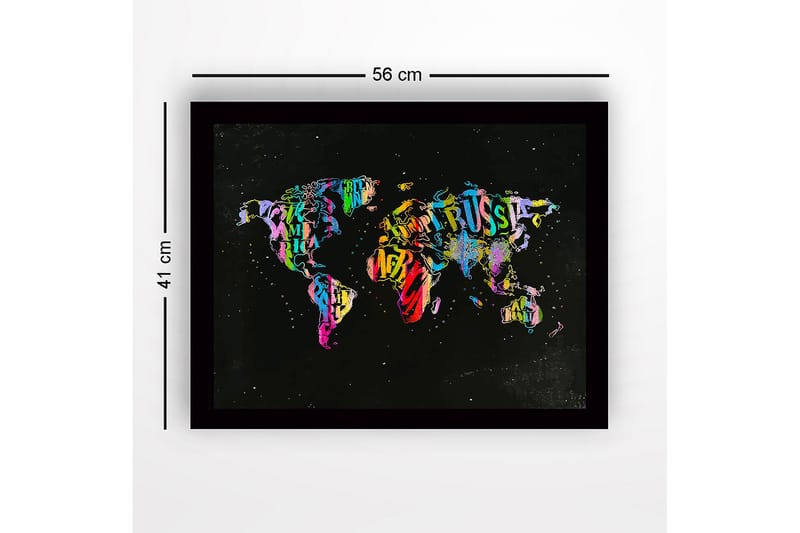 Kehystetty puukangas - 41x56 cm - Värikäs maailmankartta, luotu kirjaimista ja tekstistä - Violetti / Vihreä / Punainen - Sisustustuotteet - Taulu & taide